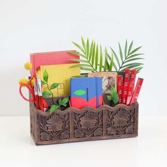 SOLD - Vintage Faux Carved Wood Desk Organizer