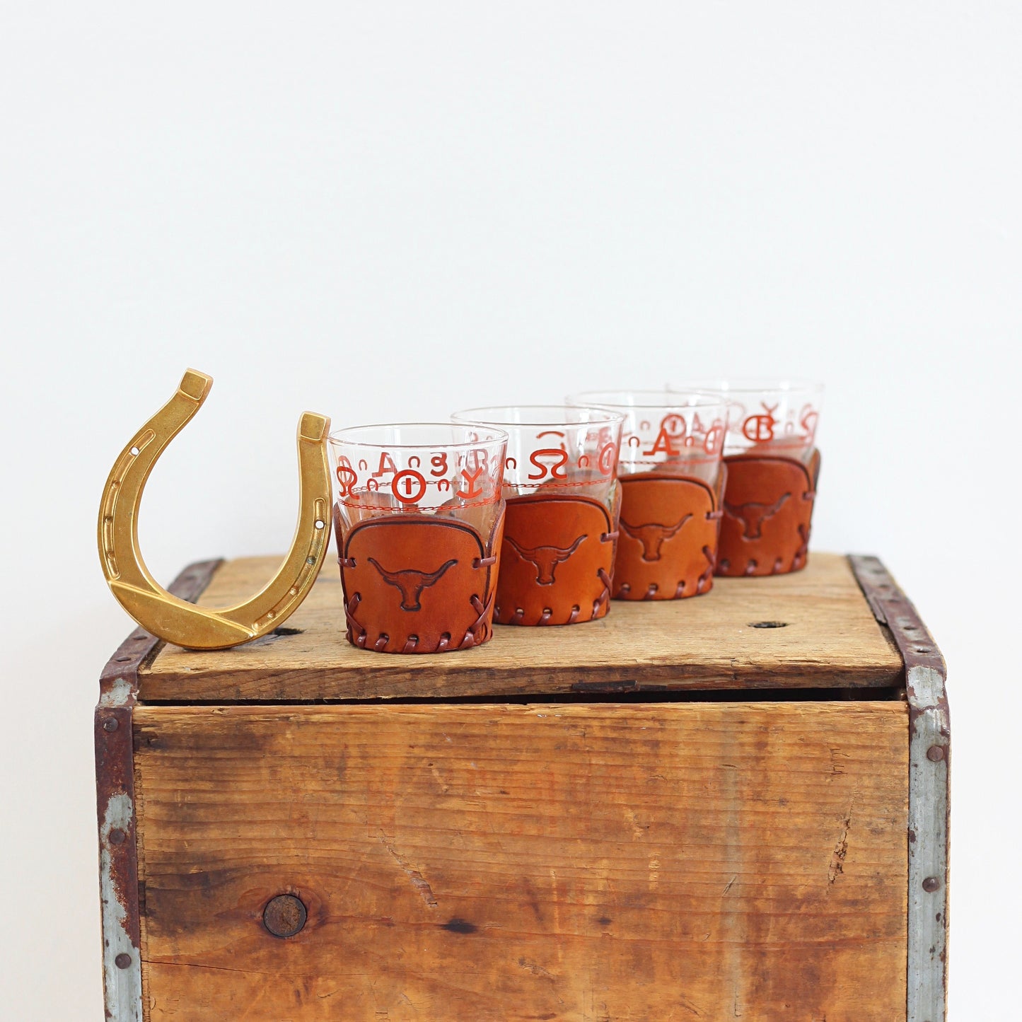 SOLD - Vintage Libbey Westward Ho Glass & Leather Tumblers - Set of Four Old Fashioned Glasses