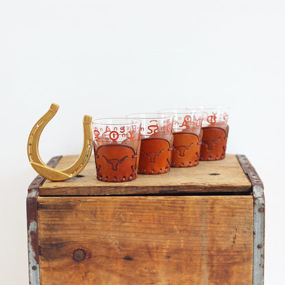 SOLD - Vintage Libbey Westward Ho Glass & Leather Tumblers - Set of Four Old Fashioned Glasses