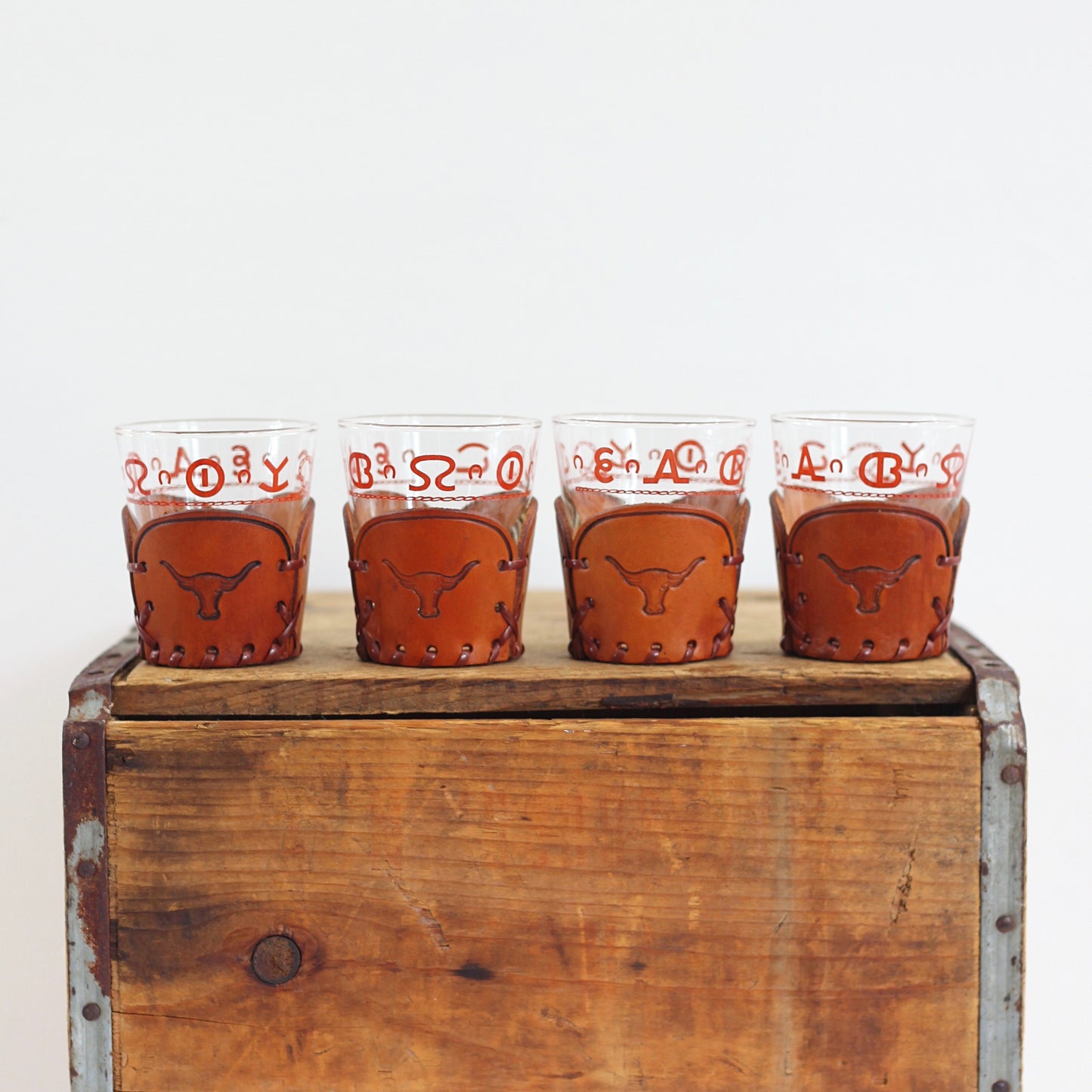 SOLD - Vintage Libbey Westward Ho Glass & Leather Tumblers - Set of Four Old Fashioned Glasses