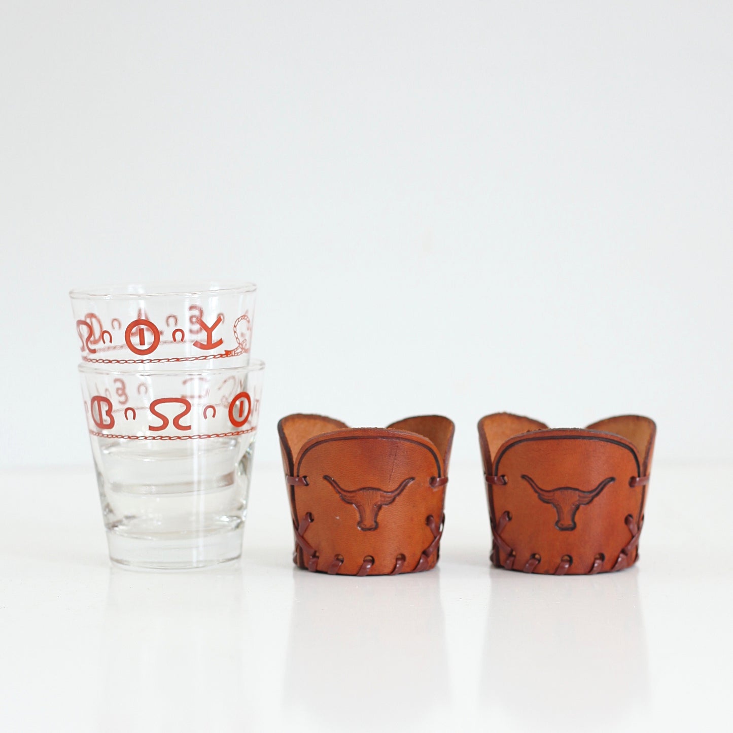 SOLD - Vintage Libbey Westward Ho Glass & Leather Tumblers - Set of Four Old Fashioned Glasses