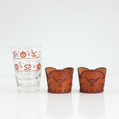 SOLD - Vintage Libbey Westward Ho Glass & Leather Tumblers - Set of Four Old Fashioned Glasses