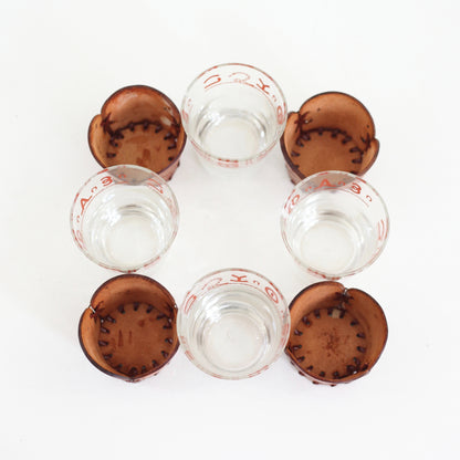 SOLD - Vintage Libbey Westward Ho Glass & Leather Tumblers - Set of Four Old Fashioned Glasses