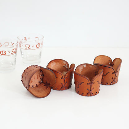 SOLD - Vintage Libbey Westward Ho Glass & Leather Tumblers - Set of Four Old Fashioned Glasses