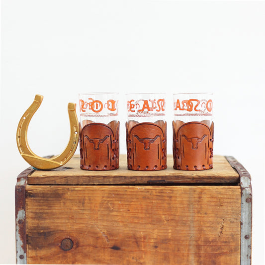 SOLD - Vintage Libbey Westward Ho Glass & Leather Tumblers - Set of Three Glasses