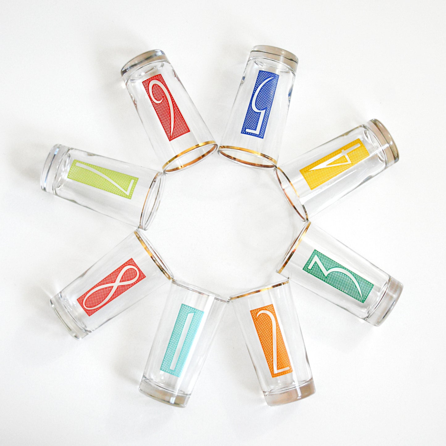 SOLD - Mid Century Modern Numbered Drinking Glasses
