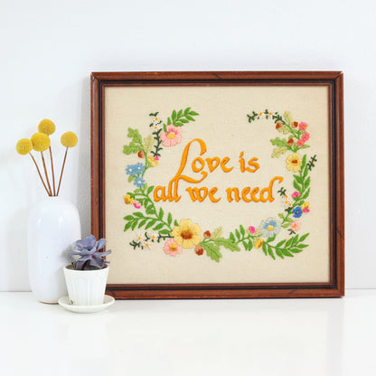 SOLD - Vintage 'Love Is All We Need' Crewel Embroidery