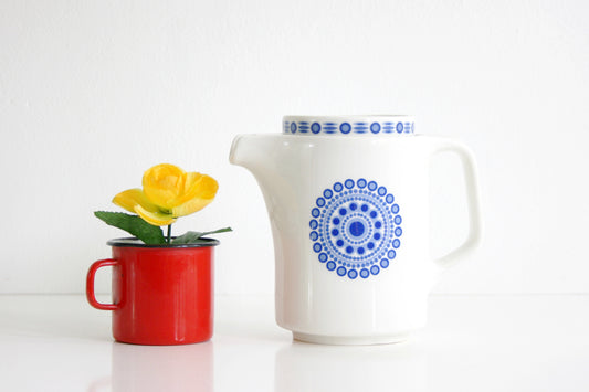 SOLD - Mid Century Modern Ceramic Coffee Pot / Eurotel Blue and White Ceramic Coffee Pot