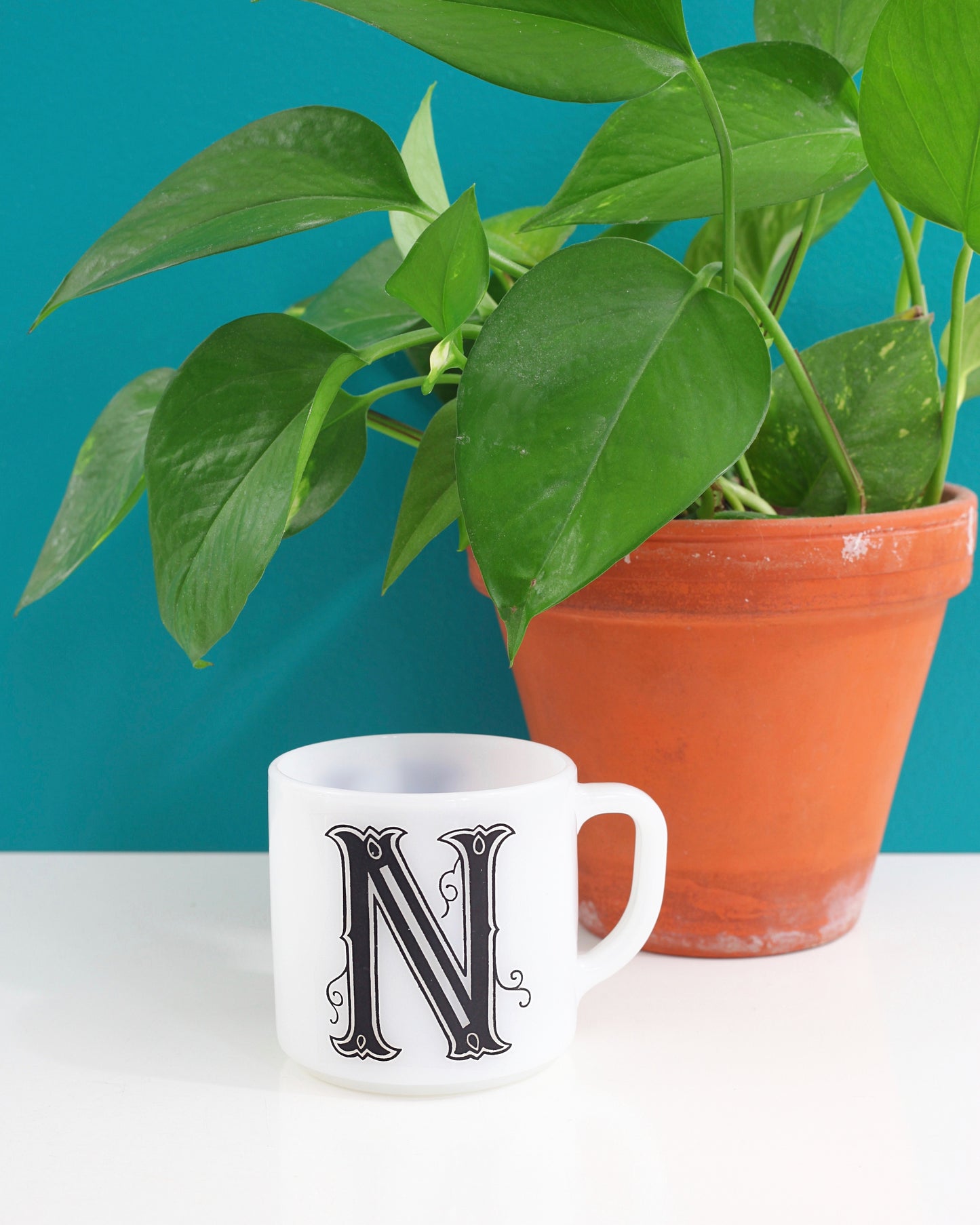 SOLD - Vintage Milk Glass Letter 'N' Mug by Federal Glass