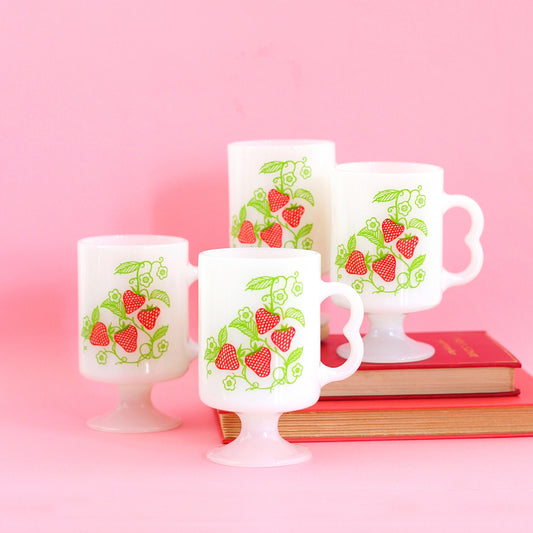 SOLD - Vintage Milk Glass Strawberry Mugs