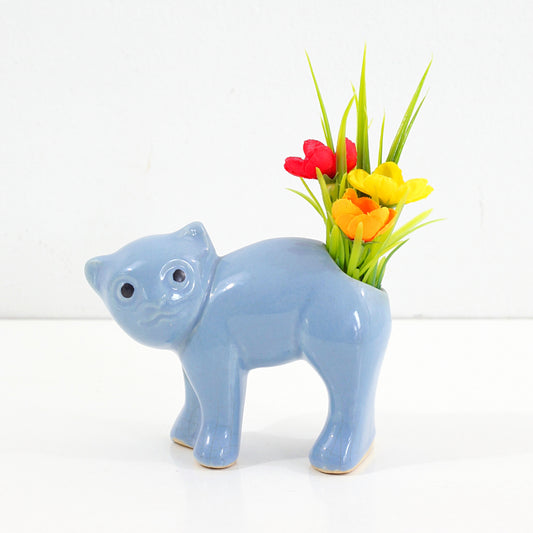 SOLD - Vintage 1940s Morton Pottery Cat Planter / Periwinkle Blue Ceramic Cat Vase