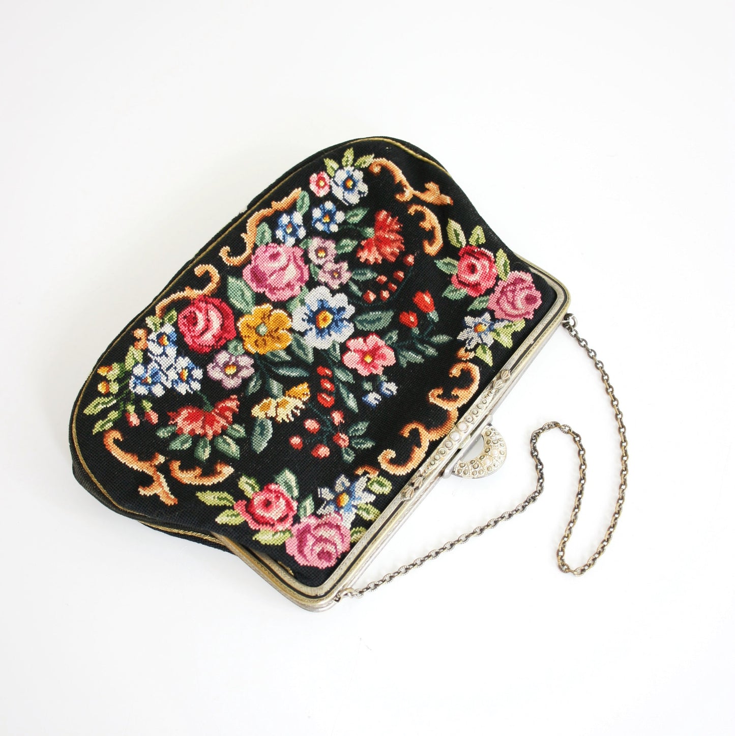 SOLD - Vintage Floral Needlepoint Purse / Antique Petit Point Handbag