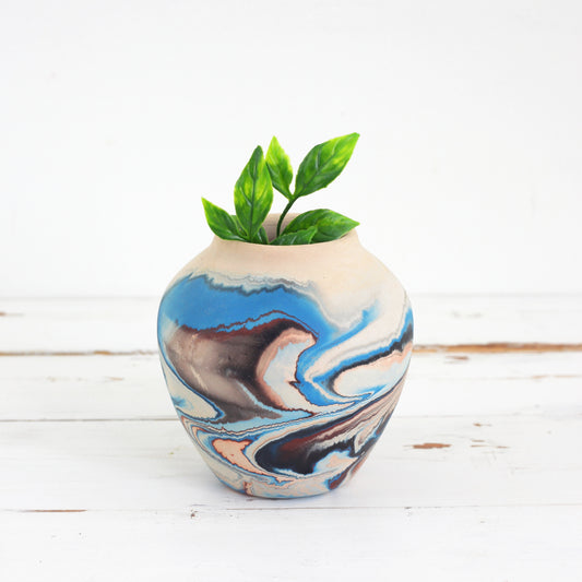SOLD - Vintage Nemadji Pottery Vase in Blue, Oxblood, & Peach