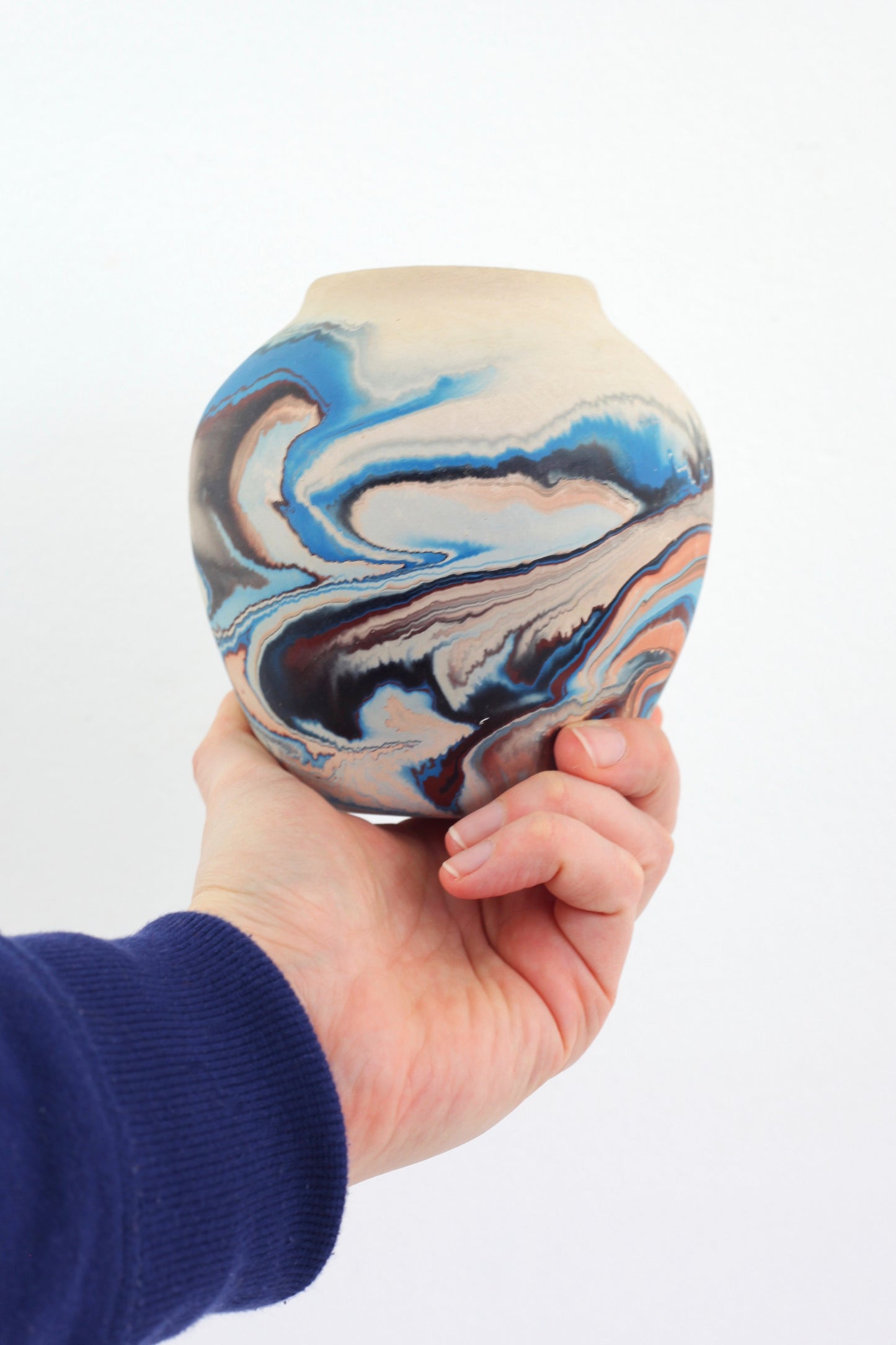 SOLD - Vintage Nemadji Pottery Vase in Blue, Oxblood, & Peach