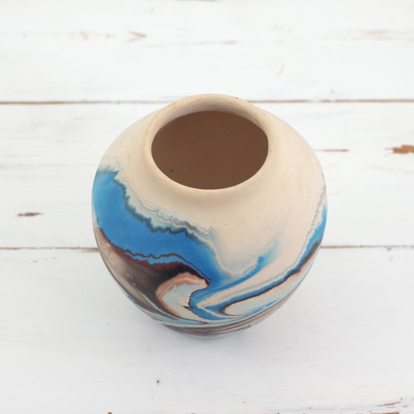 SOLD - Vintage Nemadji Pottery Vase in Blue, Oxblood, & Peach