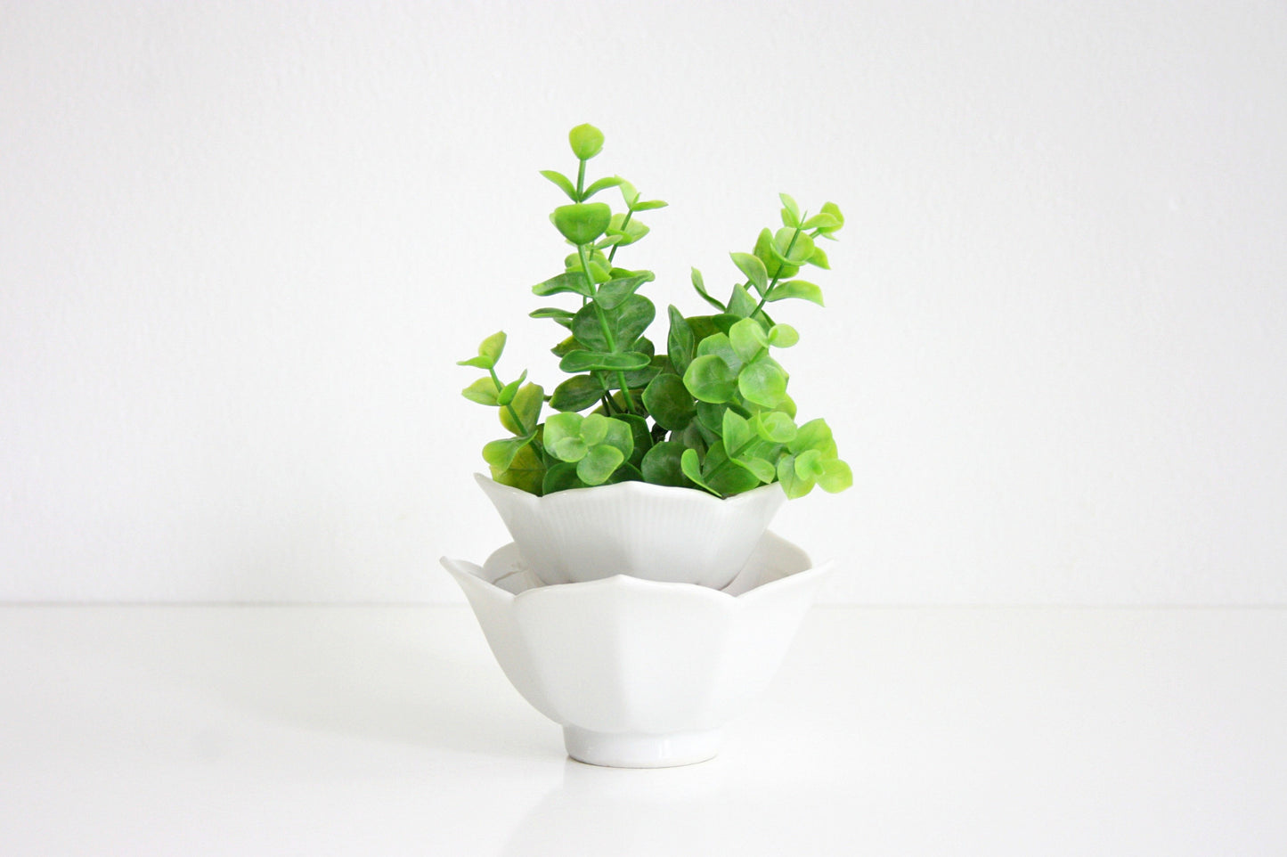 SOLD - Vintage Pair of Nesting White Lotus Bowls / Mid Century Porcelain Flower Bowls