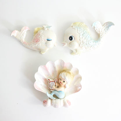 SOLD - Rare Vintage 1950s Ceramic Wall Mermaid and Fish / Vintage Norcrest Bath Decor
