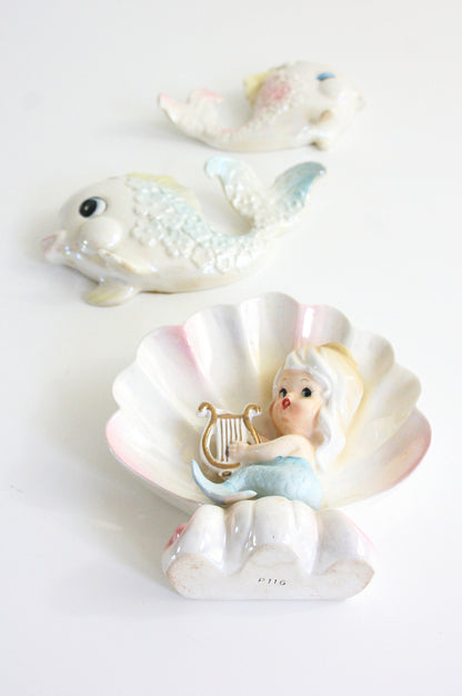 SOLD - Rare Vintage 1950s Ceramic Wall Mermaid and Fish / Vintage Norcrest Bath Decor