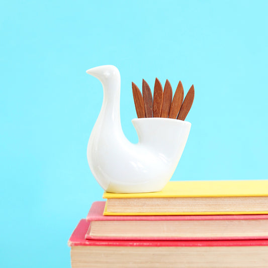 SOLD - Mid Century Modern Teak & Porcelain Party Pick Peacock