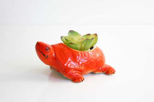 SOLD - Vintage Turtle Planter / Retro Orange Tortoise Planter