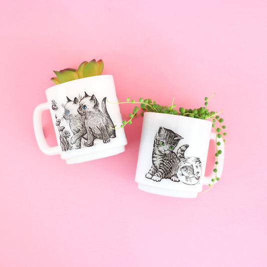 SOLD - Vintage Glasbake Milk Glass Cat Mugs