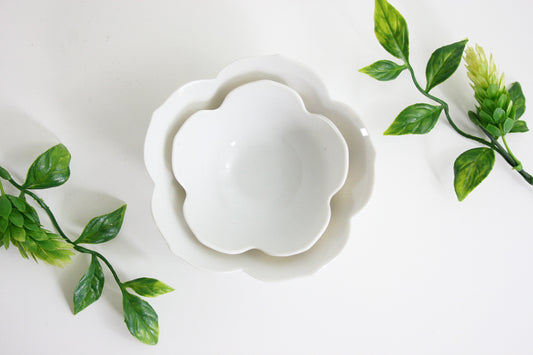 SOLD - Vintage Pair of Nesting Lotus Bowls / Mid Century White Porcelain Flower Bowls