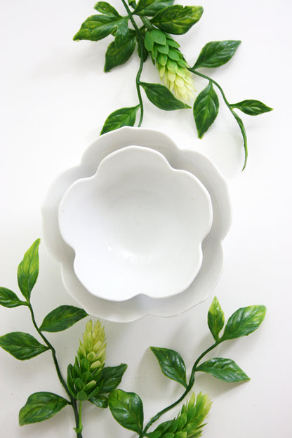 SOLD - Vintage Pair of Nesting Lotus Bowls / Mid Century White Porcelain Flower Bowls