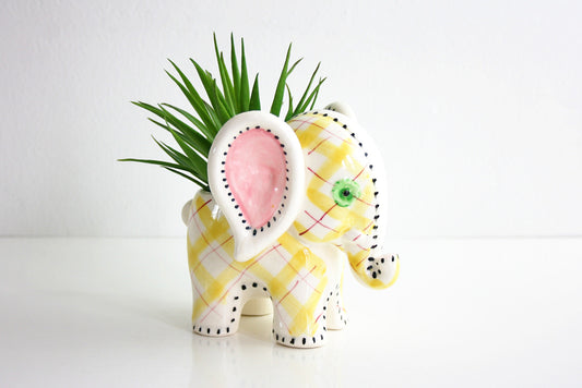 SOLD - Vintage Pastel Plaid Ceramic Elephant Planter
