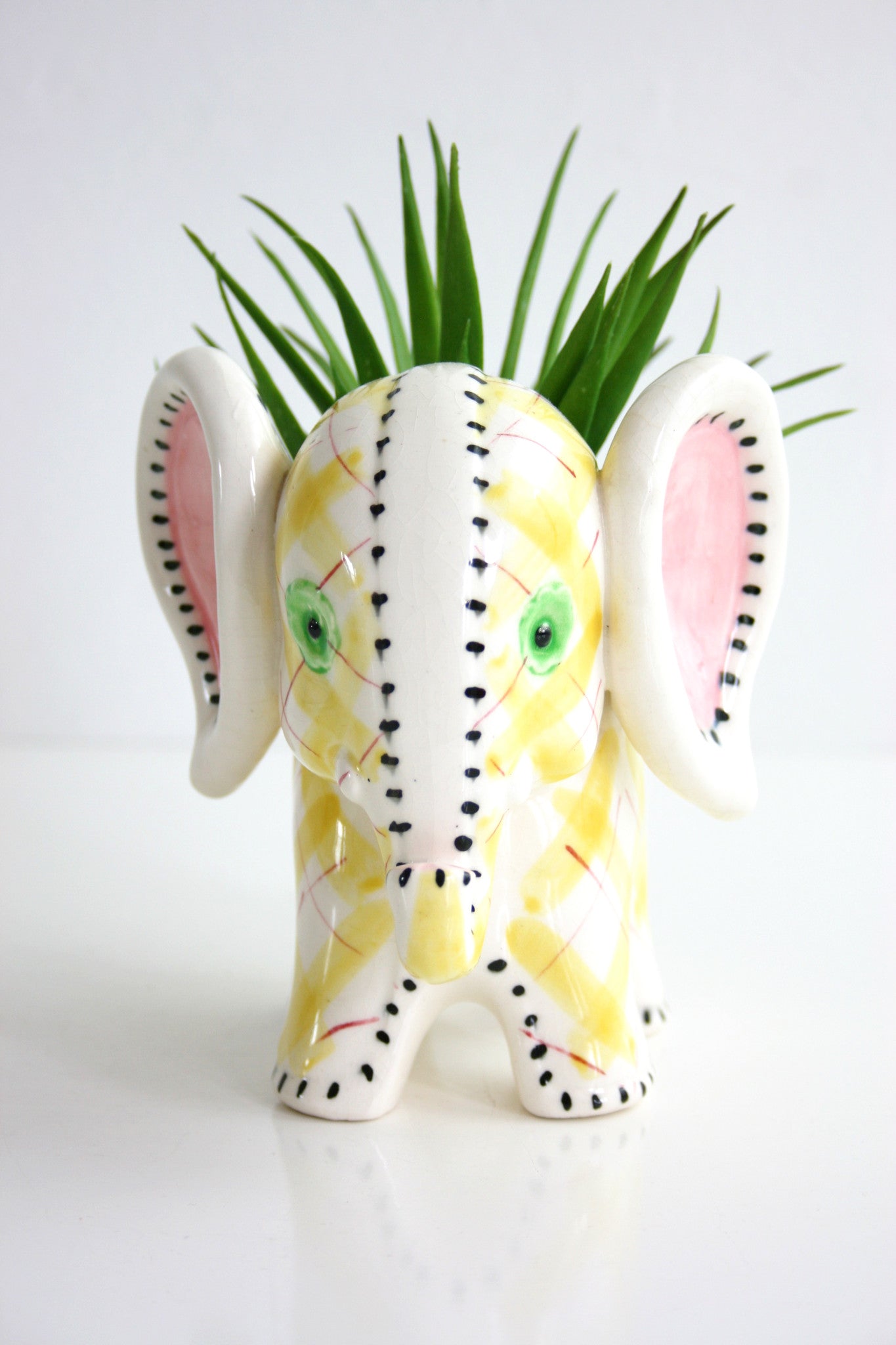 SOLD - Vintage Pastel Plaid Ceramic Elephant Planter