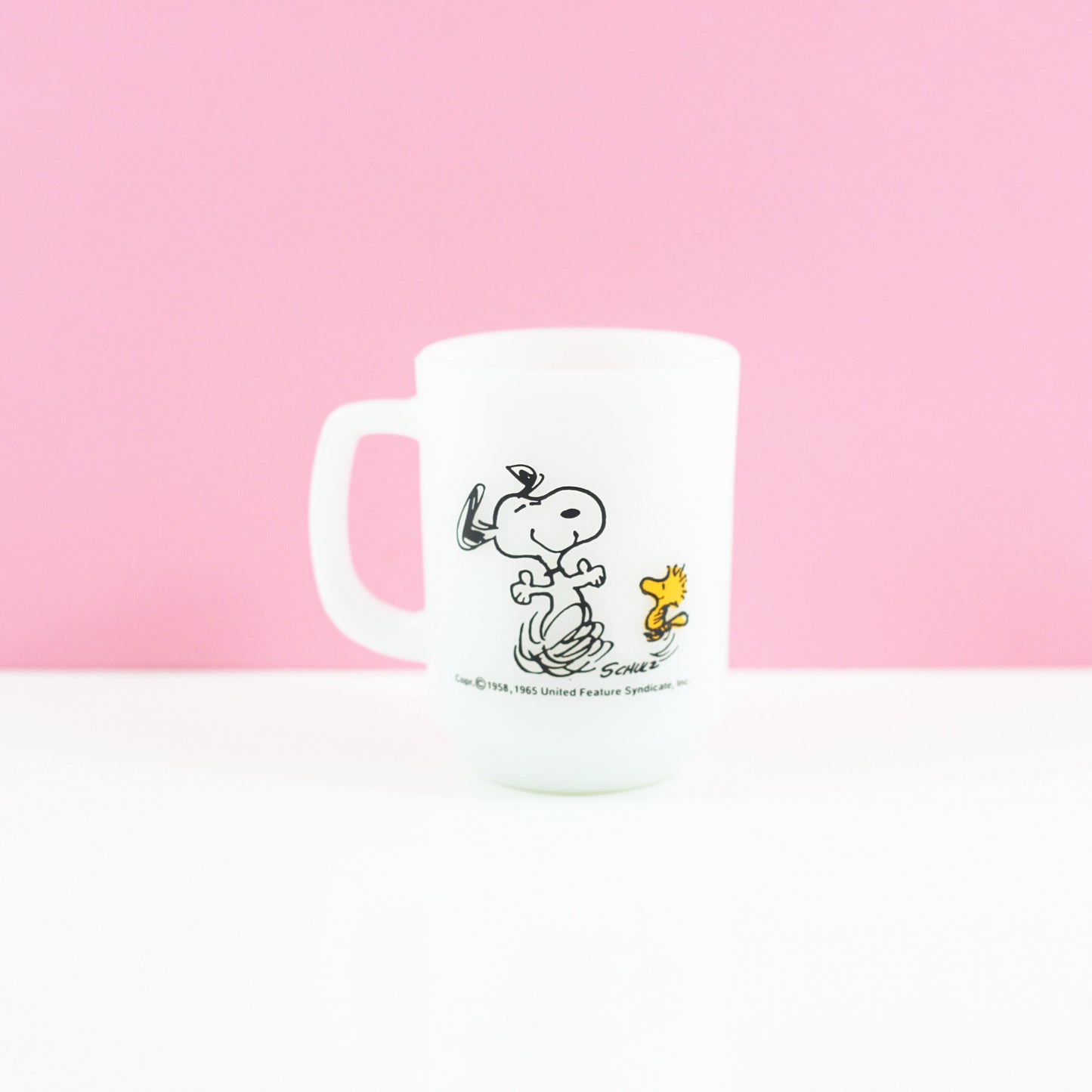 SOLD - Vintage 1965 Peanuts Milk Glass Mug - At Times Life is Pure Joy!