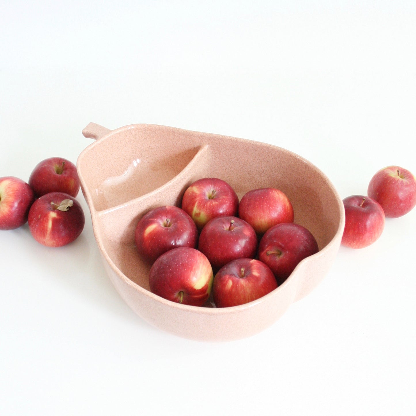 SOLD - Mid Century Pink Ceramic Divided Pear Bowl by Pfaltzgraff
