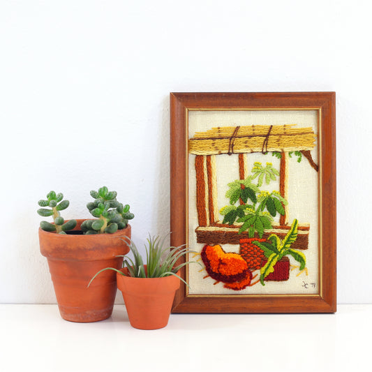 SOLD - Vintage Plants & A Cat Crewel Embroidery