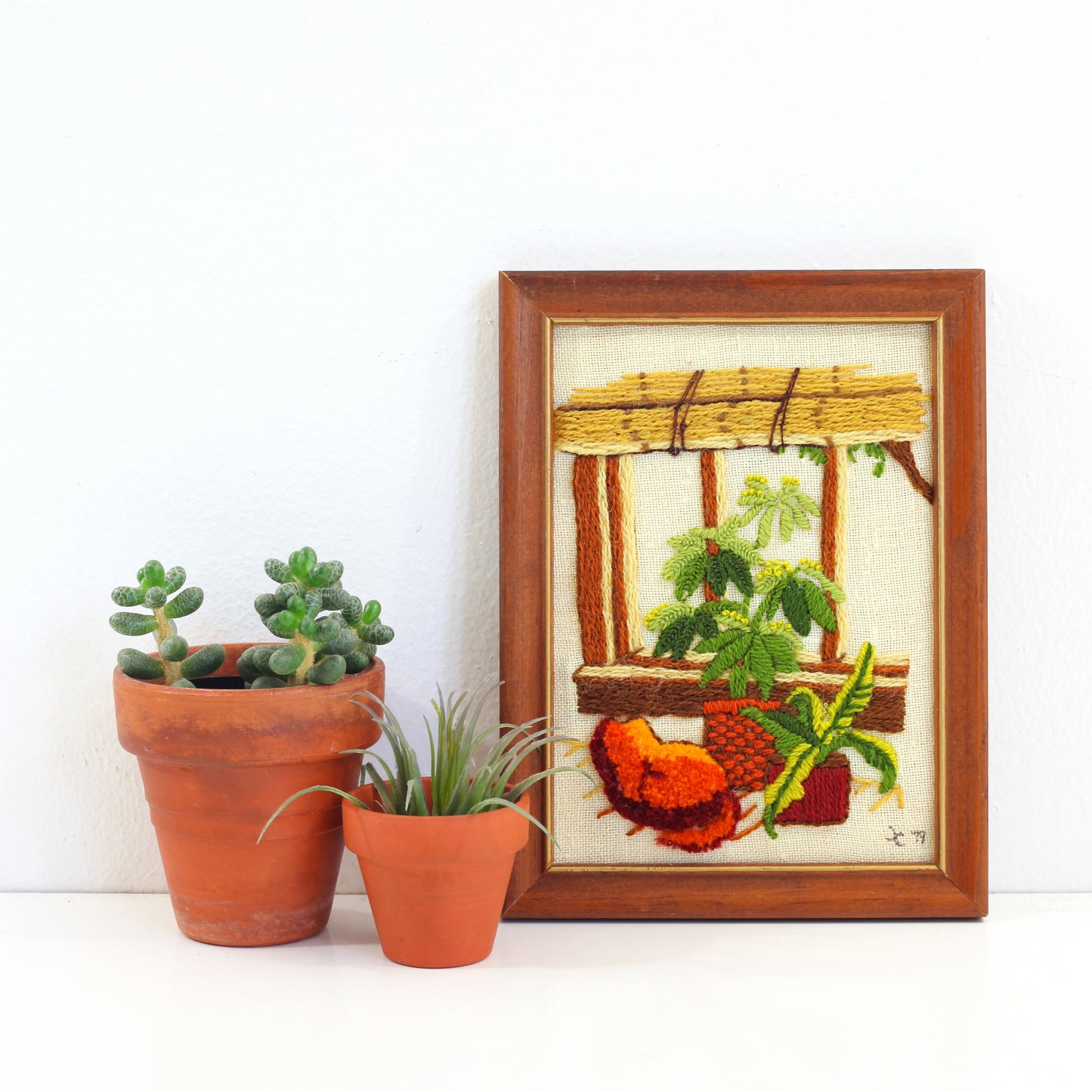SOLD - Vintage Plants & A Cat Crewel Embroidery
