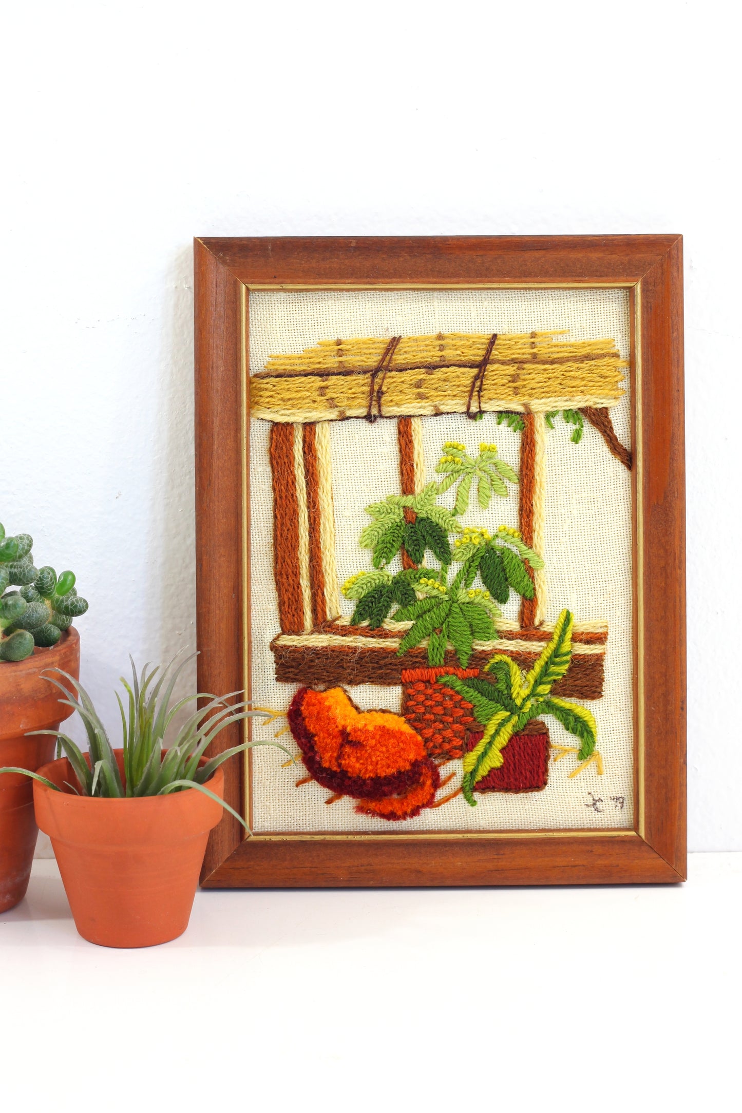 SOLD - Vintage Plants & A Cat Crewel Embroidery