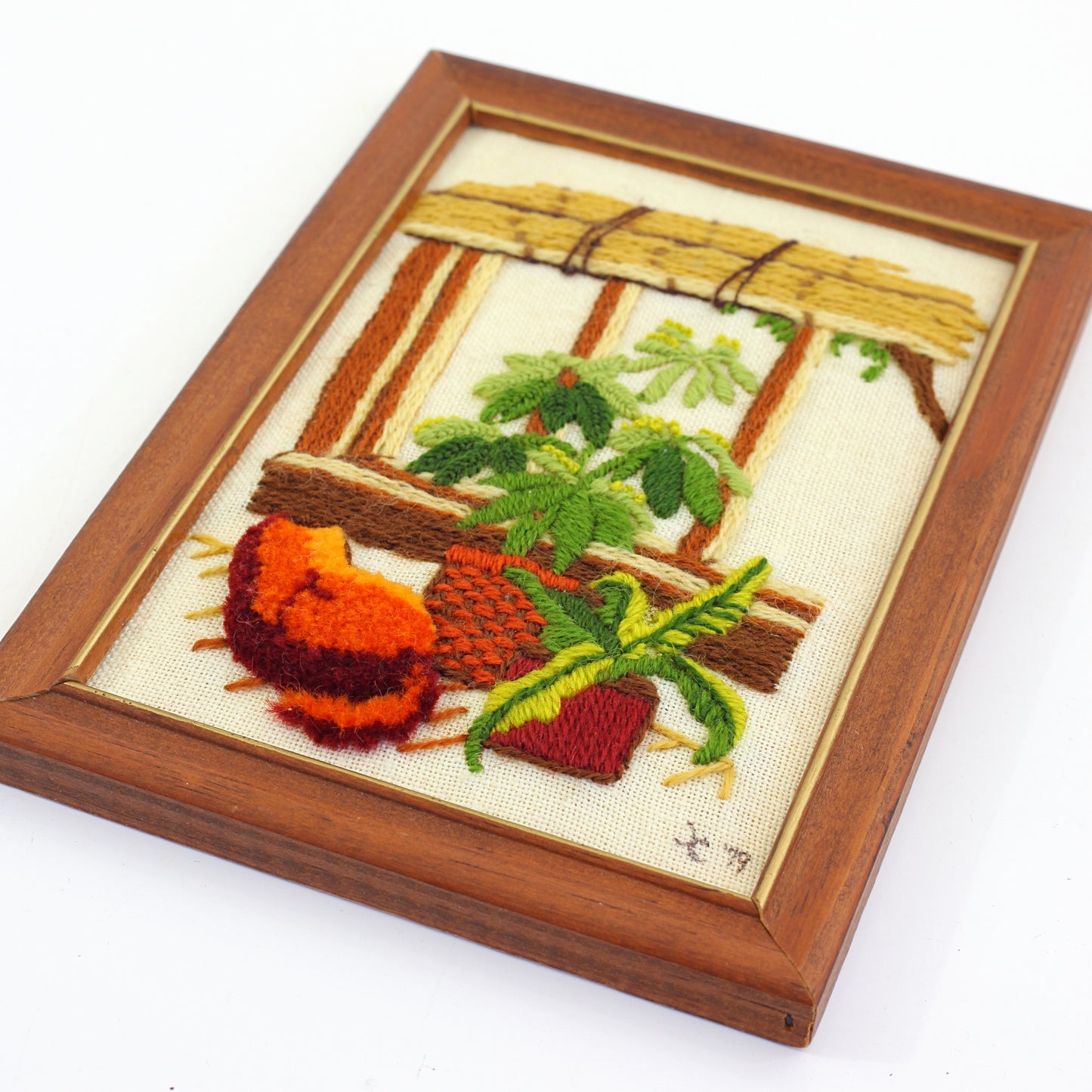 SOLD - Vintage Plants & A Cat Crewel Embroidery