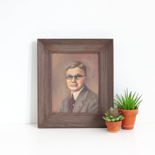 SOLD - Vintage Framed Portrait Painting - Man With Glasses