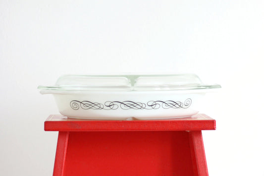 SOLD - Vintage Pyrex Black Scroll Divided Casserole Dish