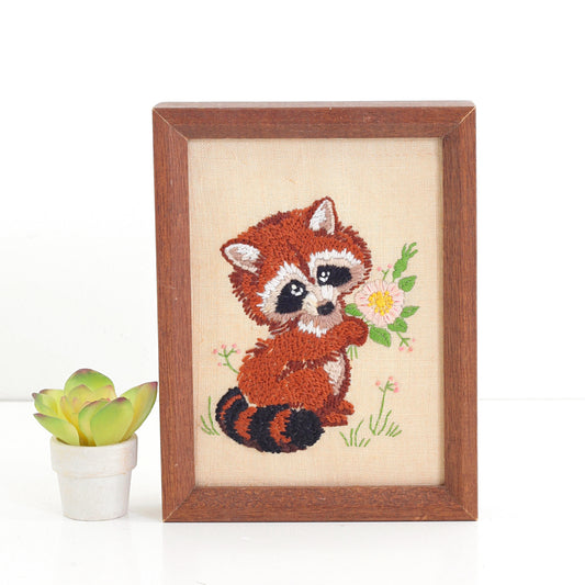 SOLD - Vintage Raccoon Crewel Embroidery