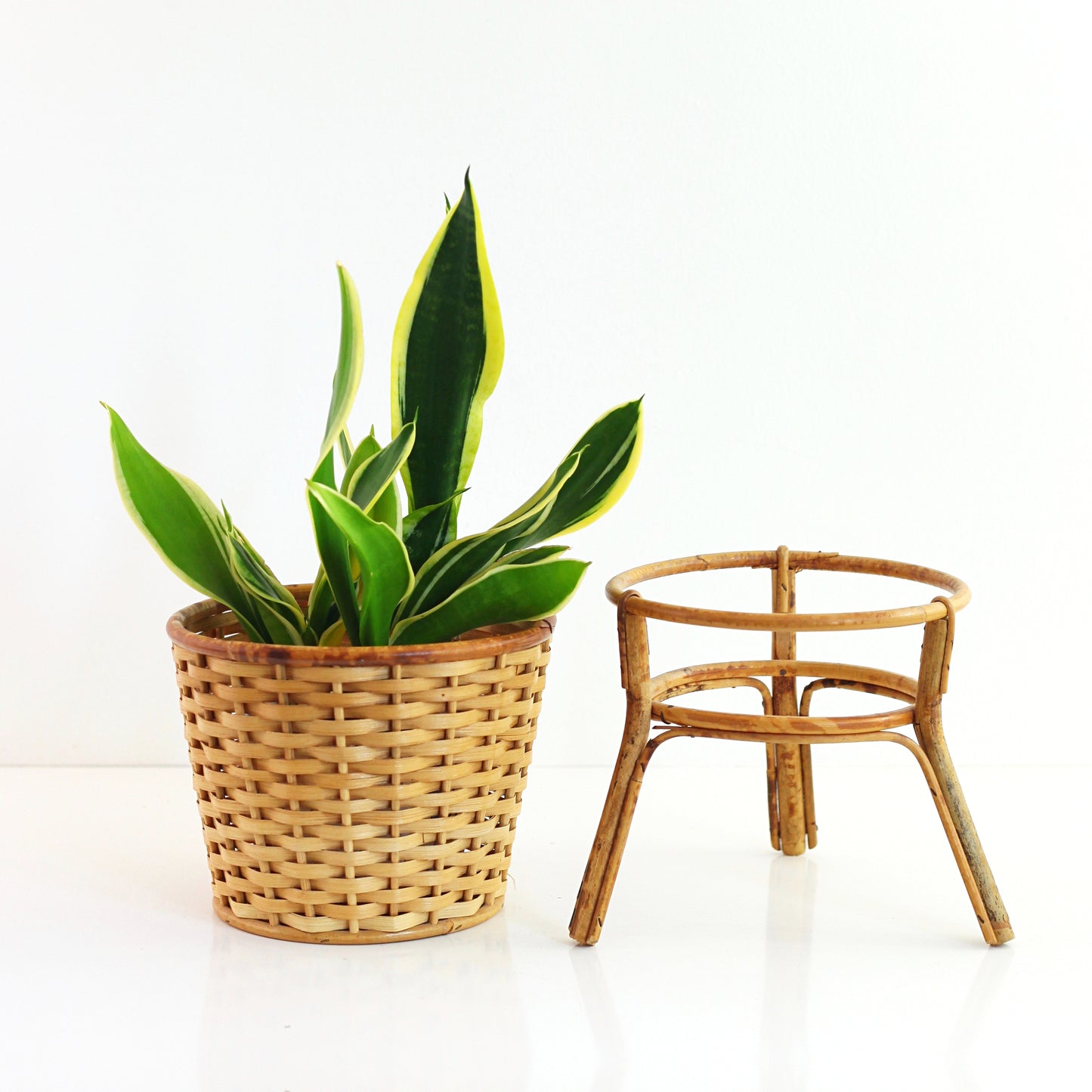 SOLD - Vintage Rattan Tripod Plant Stand with Wicker Basket