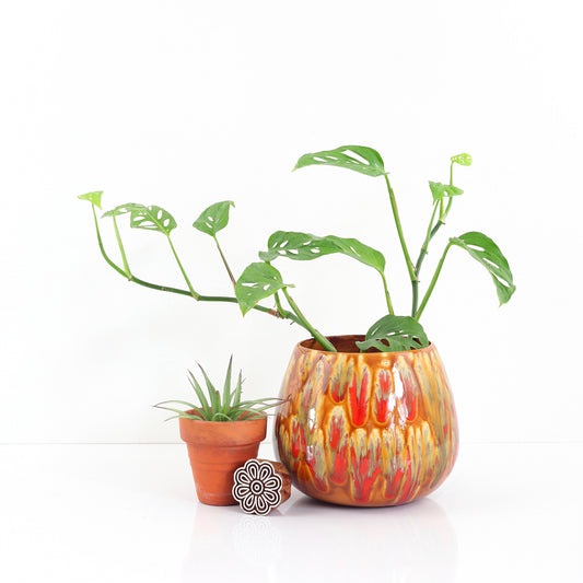 SOLD - Vintage Caramel & Tomato Red Drip Glaze Planter