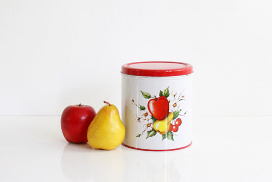 SOLD - Vintage Decoware Fruit Kitchen Canister / Vintage Red and White Kitchen Tin
