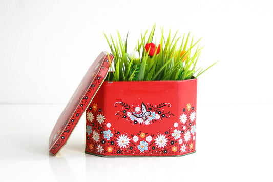 SOLD - Vintage Red Floral Daher Tin