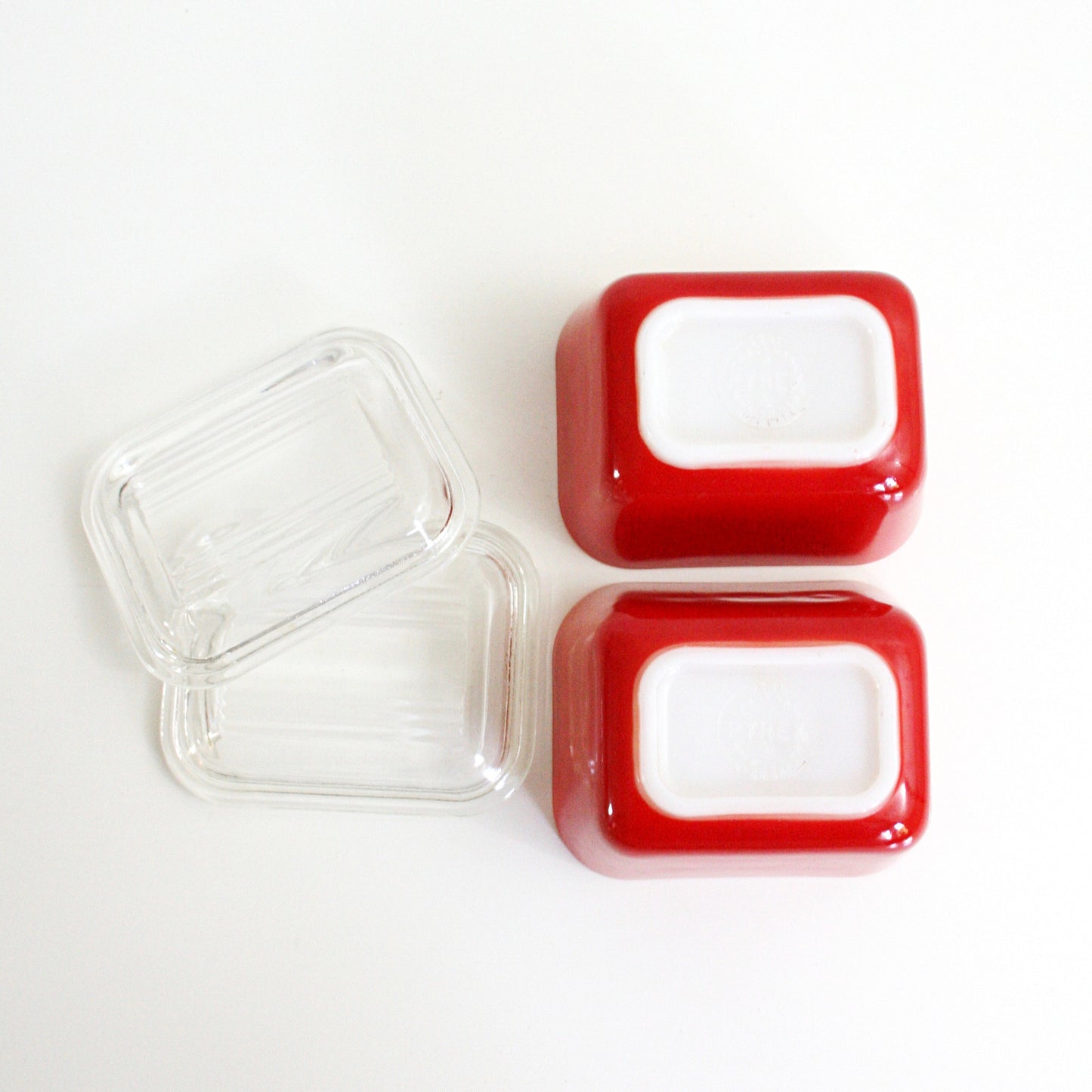 SOLD - Vintage Pair of Red Pyrex Refrigerator Dishes / Vintage Red Pyrex Space Savers