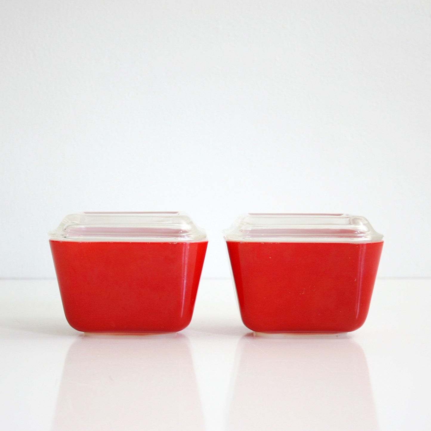 SOLD - Vintage Pair of Red Pyrex Refrigerator Dishes / Vintage Red Pyrex Space Savers