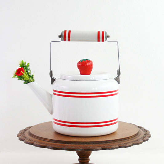SOLD - Vintage Strawberry Enamel Tea Kettle