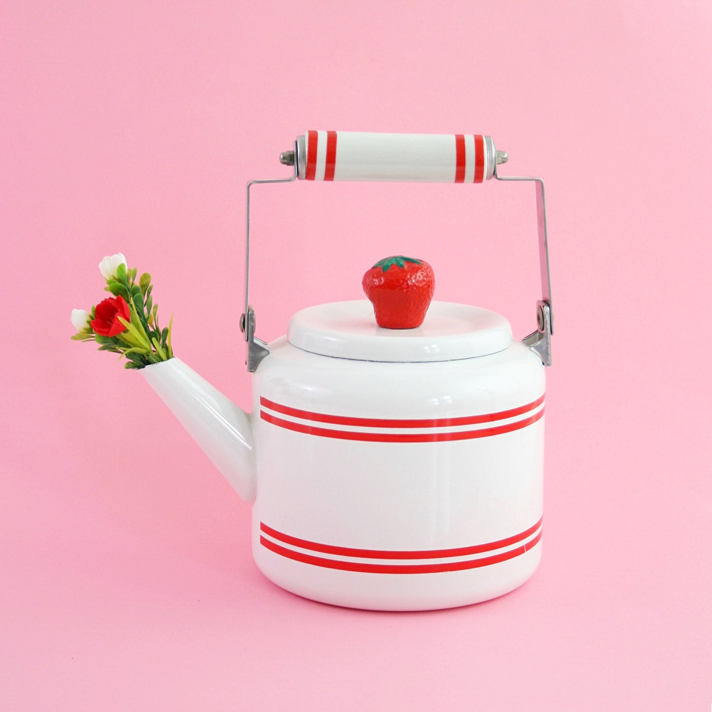 SOLD - Vintage Strawberry Enamel Tea Kettle