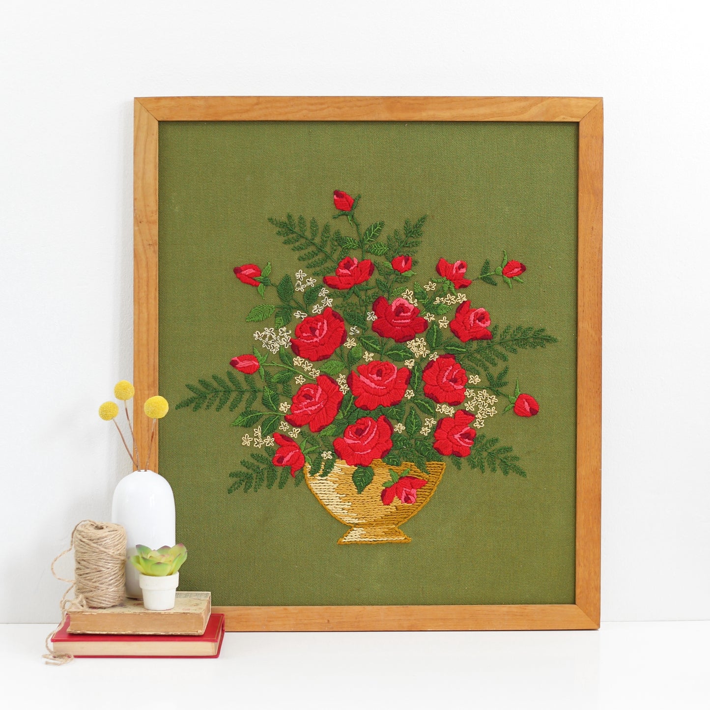 SOLD - Large Vintage Crewel Embroidery - Bouquet of Roses