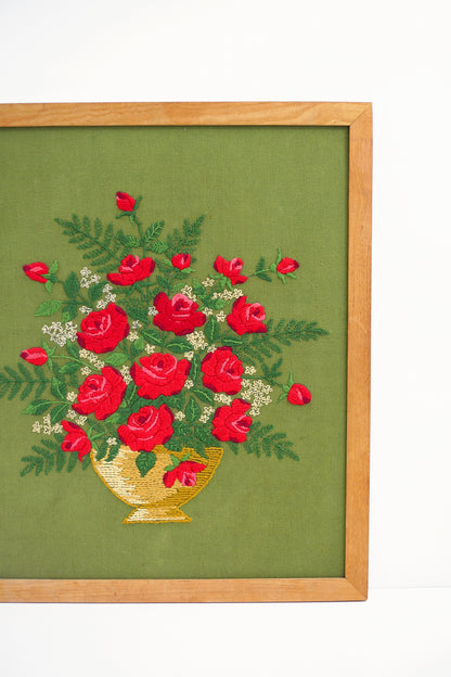 SOLD - Large Vintage Crewel Embroidery - Bouquet of Roses