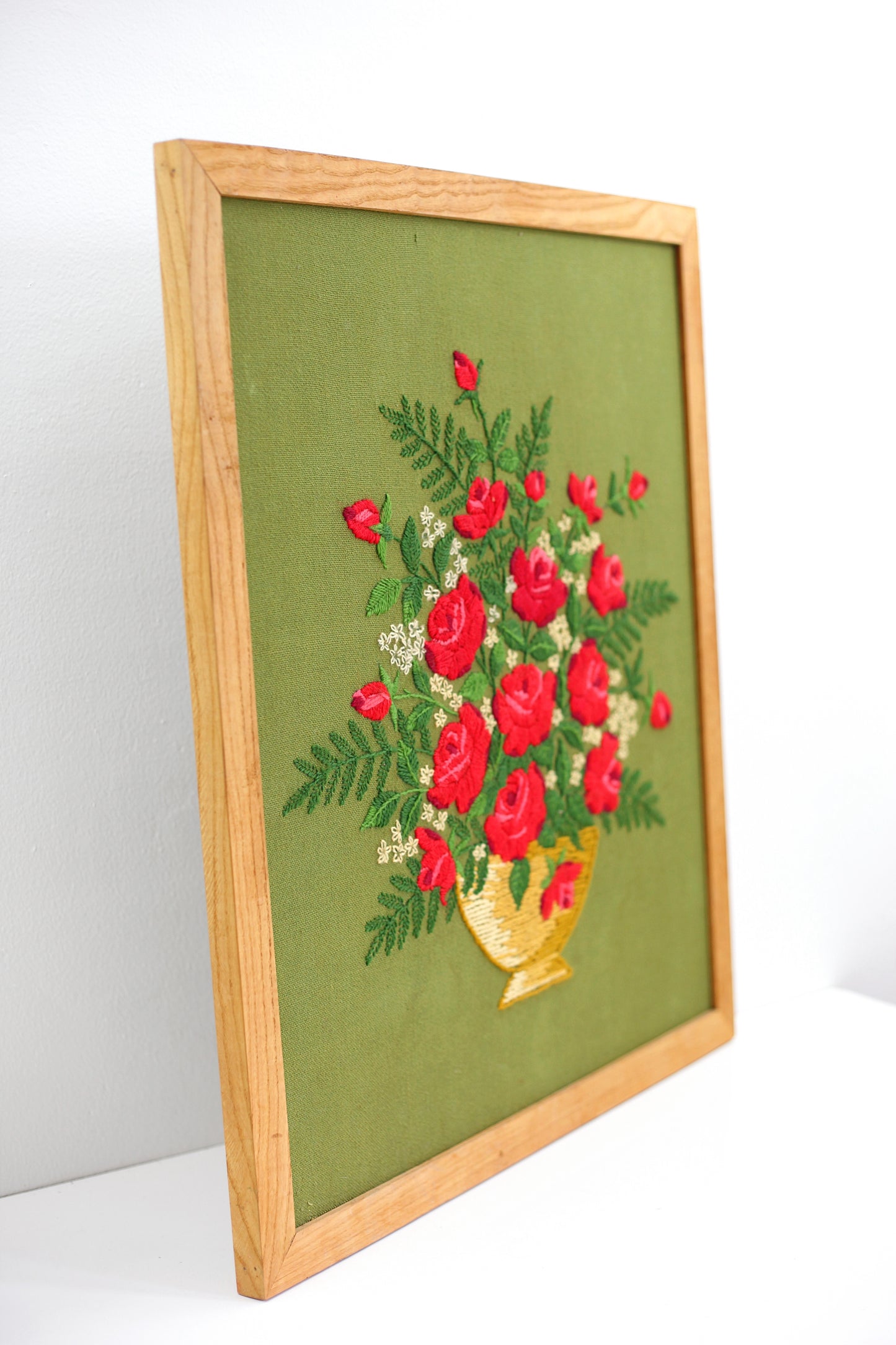 SOLD - Large Vintage Crewel Embroidery - Bouquet of Roses
