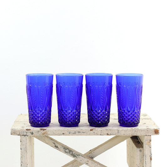 SOLD - Vintage Royal Sapphire Pressed Glass Tumblers from France